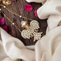 Vriksham Vibrant Navaratna-Style Gold Finish GandaBenda White Kundan Jadau With Delicate Pearl Chain Pendant Necklace-J4211