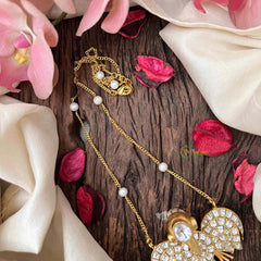 Vriksham Vibrant Navaratna-Style Gold Finish GandaBenda White Kundan Jadau With Delicate Pearl Chain Pendant Necklace-J4211