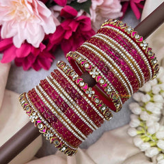 Vriksham Rani Pink Bridal Bangle Stack with Clear Crystal Spacers Glass Bangles Set-G21752