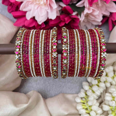 Vriksham Rani Pink Bridal Bangle Stack with Clear Crystal Spacers Glass Bangles Set-G21752