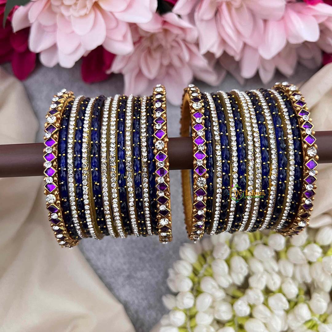 Vriksham Royal Indigo With Purple Rhombus Stone Kadas Glass Bangles Set-G21756