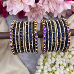 Vriksham Royal Indigo With Purple Rhombus Stone Kadas Glass Bangles Set-G21756