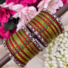 Vriksham Lime Green & Crimson With Moon-Phase Purple Kadas Glass Bangles Set-G21760
