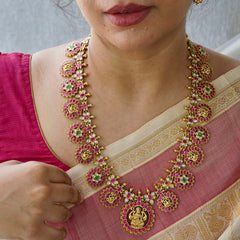 Vriksham Antique Gold Plated Lakshmi Coin Kundan Jadau Guttapusalu Long  Neckpiece-Red White & Green-J3817