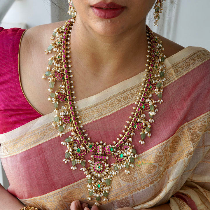 Vriksham Antique Floral Gold With Mango Motifs & Pearl Kundan Jadau Guttapusalu Long Neckpiece-Green Bead & Rice Pearls-J4107