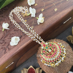 Vriksham Half Moon Style Kundan Jadau 3 Layer Beaded necklace-Red White Green-Pearl-J3334