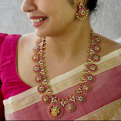 Vriksham Antique Gold Plated Lakshmi Coin Kundan Jadau Guttapusalu Long  Neckpiece-Red White & Green-J3817