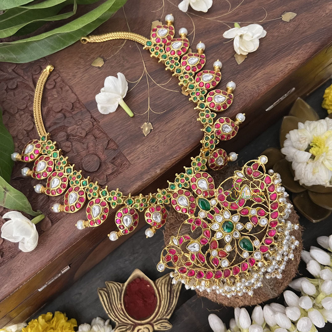 Vriksham Maanga Style Kundan Jadau Neckpiece-Red Green-Pearl-J3330