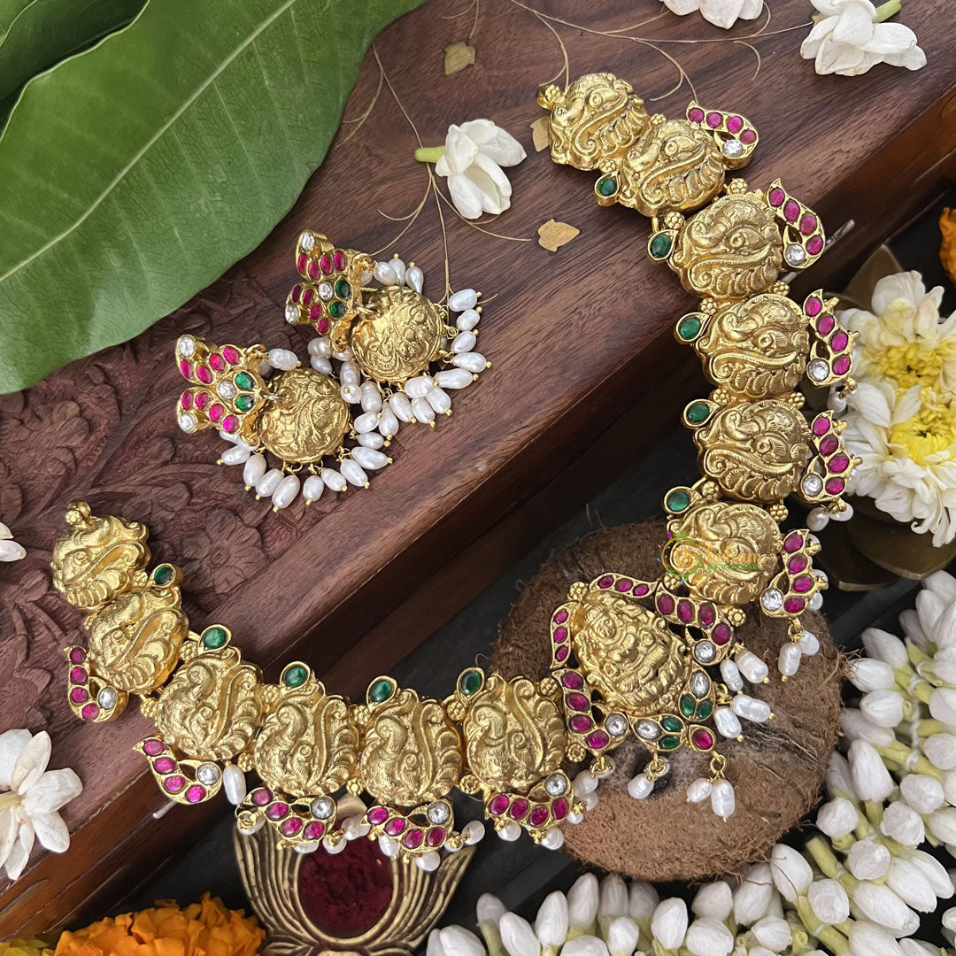 Vriksham Lakshmi Pendant With Gold Plated Peacock Style Kundan Jadau Short Neckpiece-Red Green-Rice Pearl-J3349