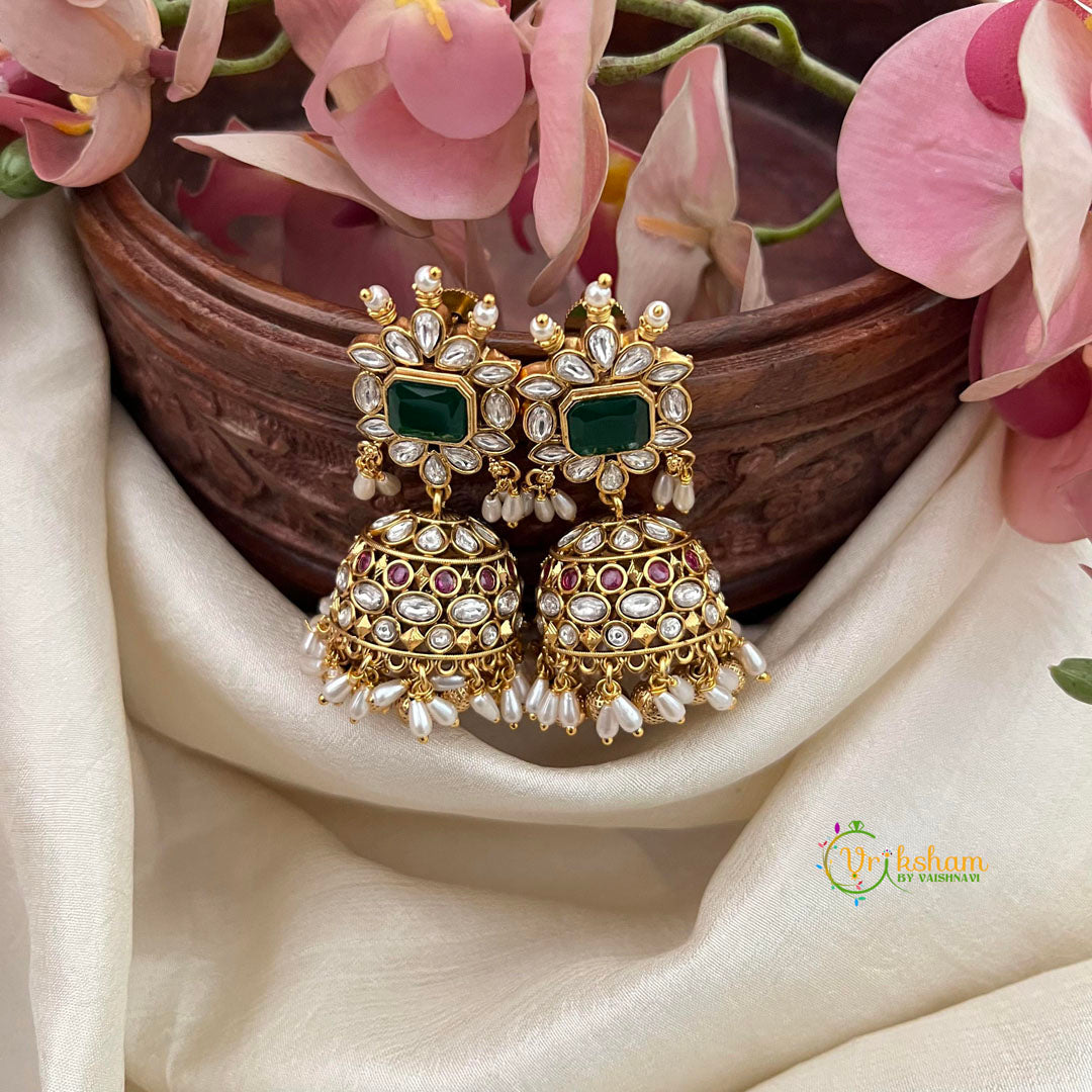 Vriksham Emerald Green Kundan Stone Jhumka-White Green Pearls-G16626