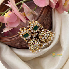 Vriksham Emerald Green Kundan Stone Jhumka-White Green Pearls-G16626