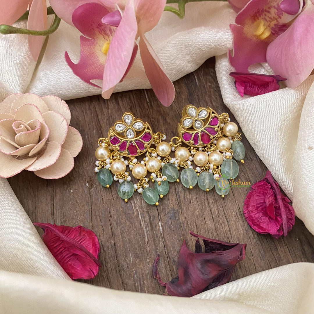 Half Moon Jadau Kundan Earrings-Off White pearls-Green Beads-J2448