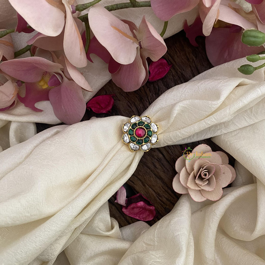 Floral Jadau Kundan Finger Ring-White Green-J2534