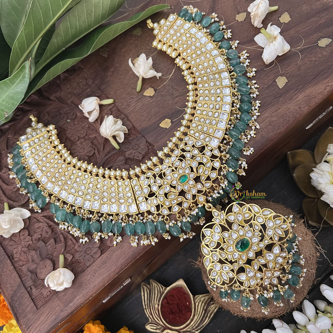 Vriksham Possibly With Floral Pendant Style Short Neckpiece-White-Aqua Green Bead-J3347