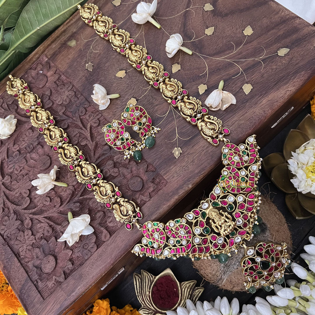 Vriksham Peacock Jodi Style Lakshmi Kundan Jadau Short Neckpiece-White Red Green-Green Bead-J3359