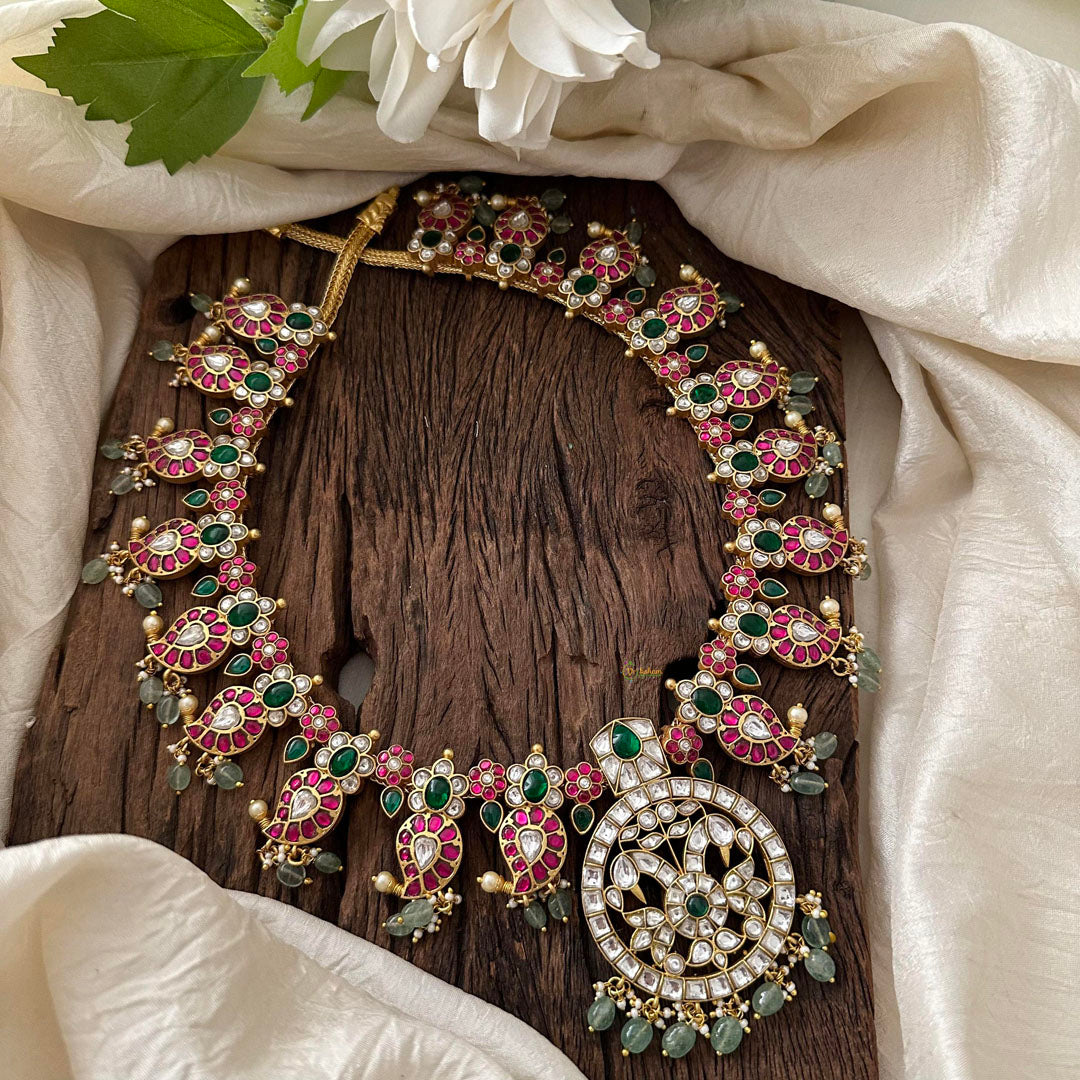 Premium Jadau Kundan Dual Peacock Neckpiece-Maanga-Beads- J2063