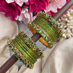Vriksham Handcrafted Lime Green With Emerald Leaf Kadas Glass Bangles Set-G21763