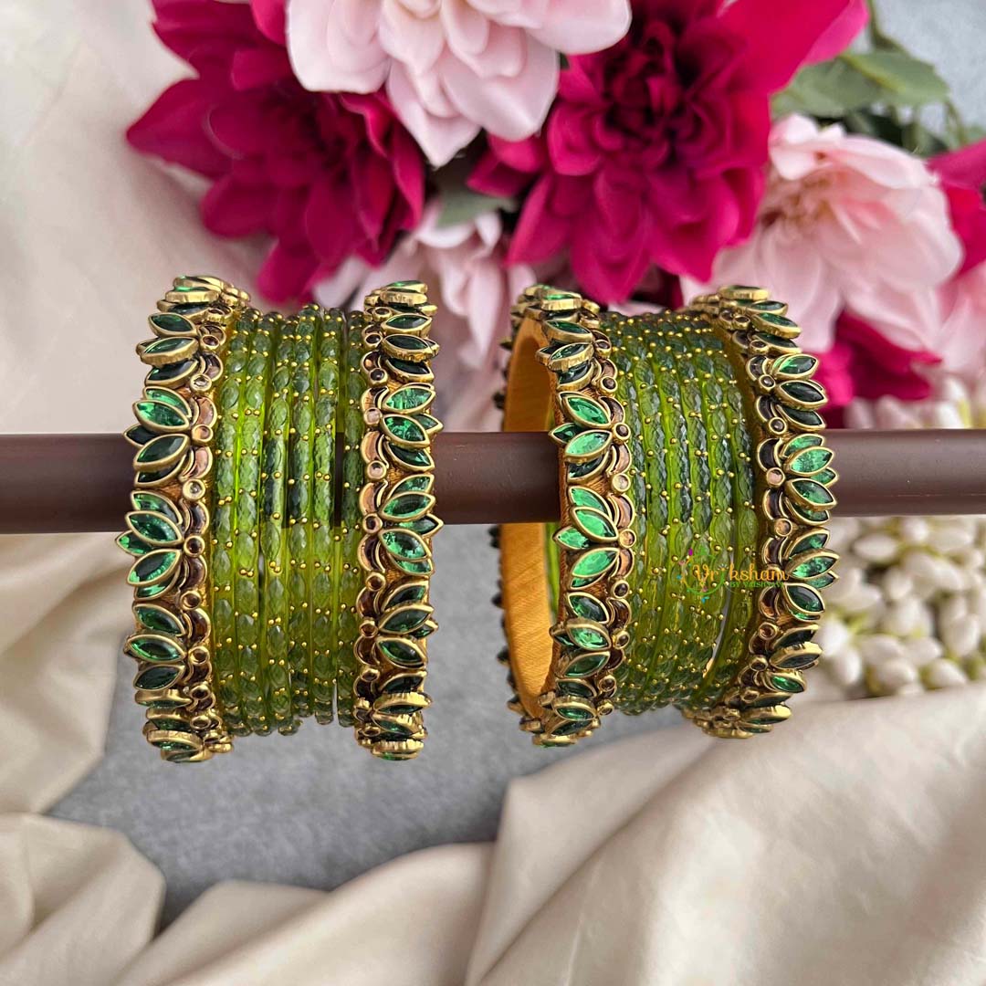 Vriksham Handcrafted Lime Green With Emerald Leaf Kadas Glass Bangles Set-G21763