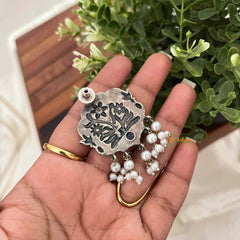 Vriksham Dual-Tone Oxidized Silver and Gold Floral With Sapphire Blue Stone and Pearl Hangings Dual-Tone Oxidized Silver and Gold Floral Stud Earrings with Sapphire Blue Stone and Pearl Hangings-S1113