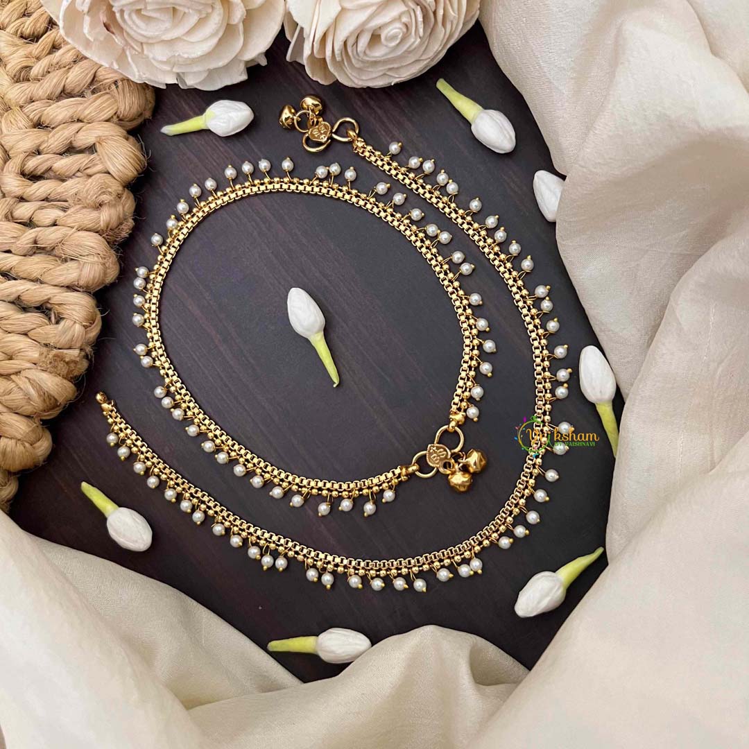 Vriksham Classic Golden Chain Dock Design With Pearls Drop Anklet-G21247