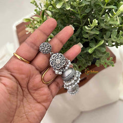 Vriksham Triple-Tier Oxidized Silver Floral With Layered Pearl Clusters Jhumka Earrings-S1119