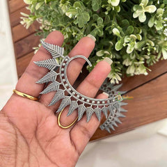 Vriksham Oxidized Silver Leaf Sunburst Ear-Cuffs-S1123