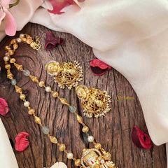 Vriksham Exquisite Matte Tirupati Balaji With Handcrafted Floral Jhumkas & Emerald Accents Pendant Chain-Aqua Green Bead-G21835