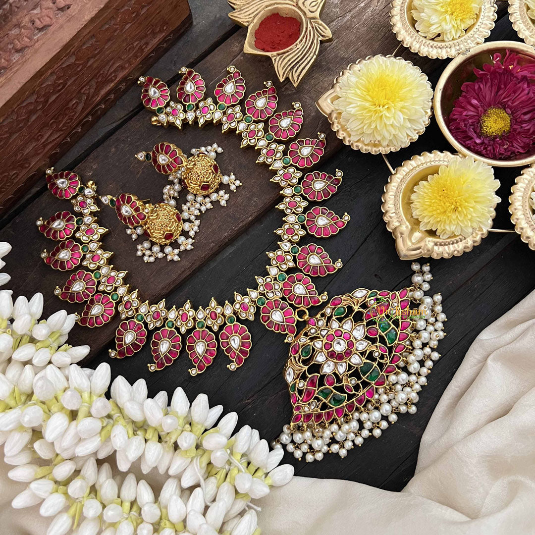 Vriksham Elegant 20 Manga With Floral Pendant Style Kundan Jadau Neckpiece-Red Green & White-Pearl-J3812
