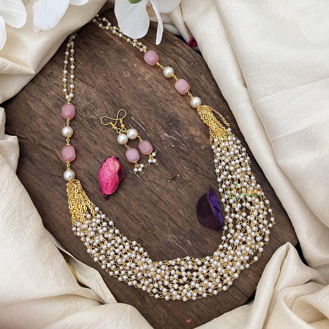 Elegant Pearl Layered Maala necklace-Pastel Pink Bead-G14983