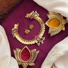 Lakshmi Coin With Three Adjustable Kundan Jadau Pendant Short Necklace-Red Green-Vriksham-J4283