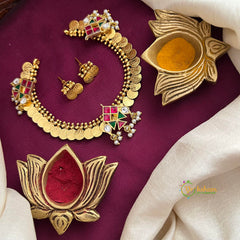 Lakshmi Coin With Three Adjustable Kundan Jadau Pendant Short Necklace-Red Green-Vriksham-J4283