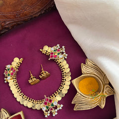 Lakshmi Coin With Three Adjustable Kundan Jadau Pendant Short Necklace-Red Green-Vriksham-J4283