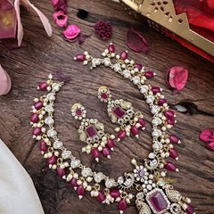 Victorian Diamond Short Neckpiece-Red White-Red Beads-VV1879