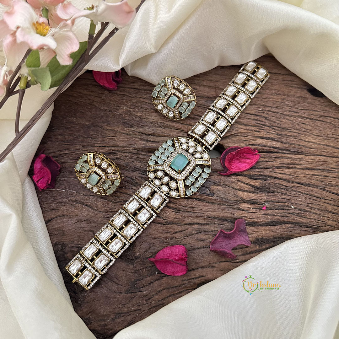 Precious Victorian Diamond High Neck Choker-Aqua Green-VV1891