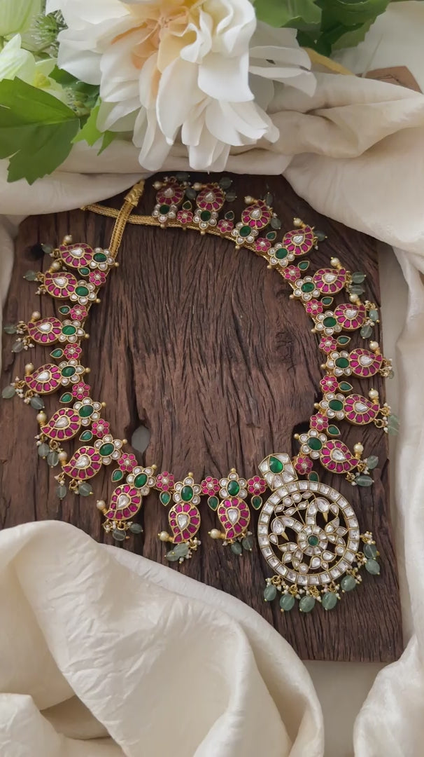 Premium Jadau Kundan Dual Peacock Neckpiece-Maanga-Beads- J2063