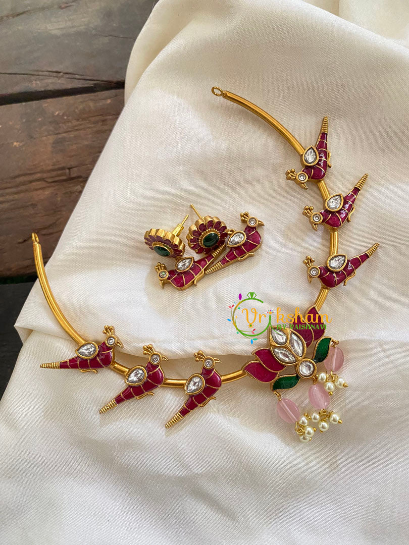 Premium AD Stone Hasli Choker-Lotus-Pastel Pink Bead-G7280