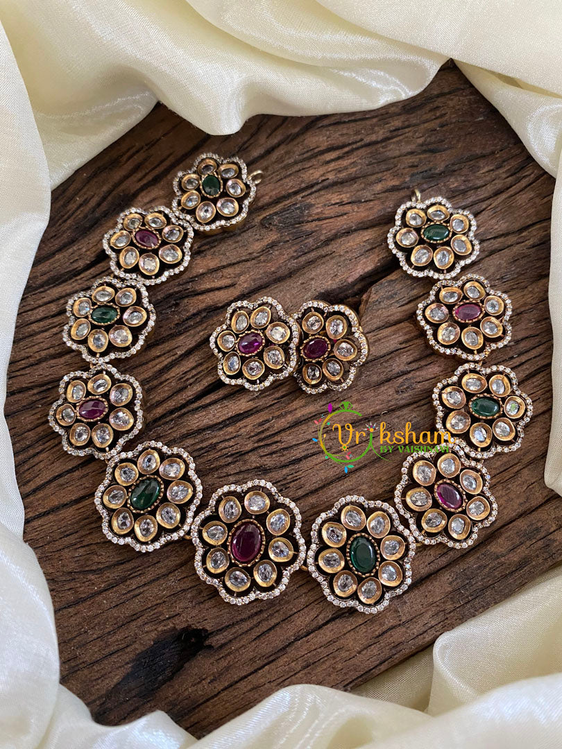 Red Green Victorian Diamond Short Neckpiece-Floral -VV990