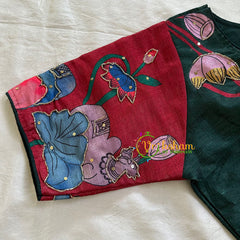 Bottle Green with Maroon Printed Cotton Silk Blouse  -VS3065