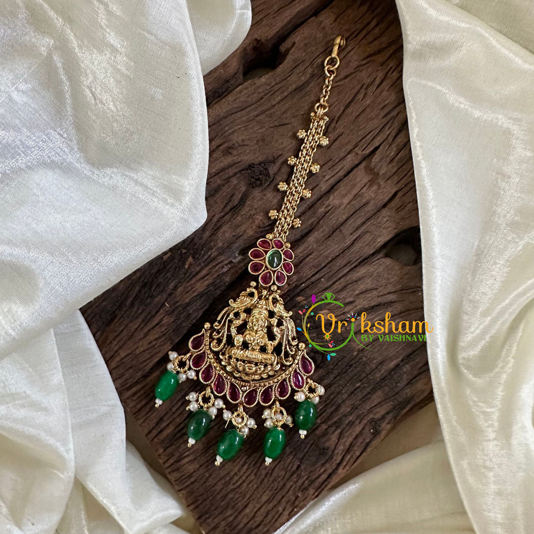 Premium AD Stone Lakshmi Maang Tikka -Green Bead-G10543
