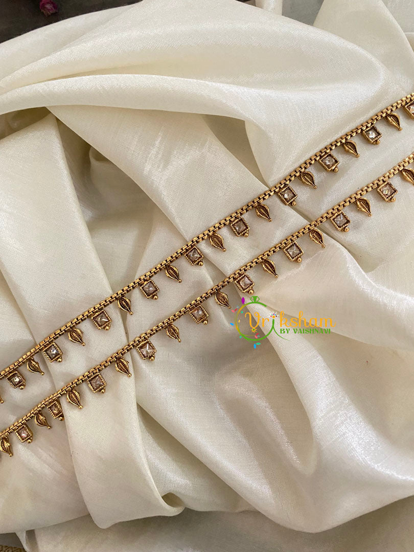 Elegant Gold Look Alike Thin Anklets-Square and Leaf-G3903