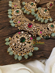 Pastel Green Bead Victorian Diamond Pendant Short Neckpiece -VV872