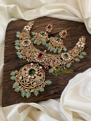 Pastel Green Bead Victorian Diamond Pendant Short Neckpiece -VV872