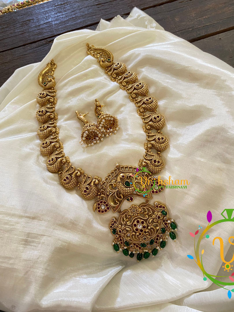 Premium Temple Peacock Haram -Green Bead-G7412