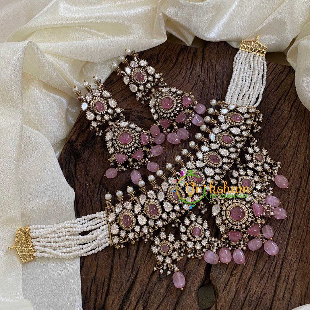 Pastel Pink Bead Layered Pearl Victorian Diamond High Neck Choker-VV1200