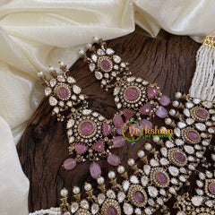 Pastel Pink Bead Layered Pearl Victorian Diamond High Neck Choker-VV1200