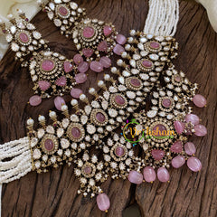 Pastel Pink Bead Layered Pearl Victorian Diamond High Neck Choker-VV1200