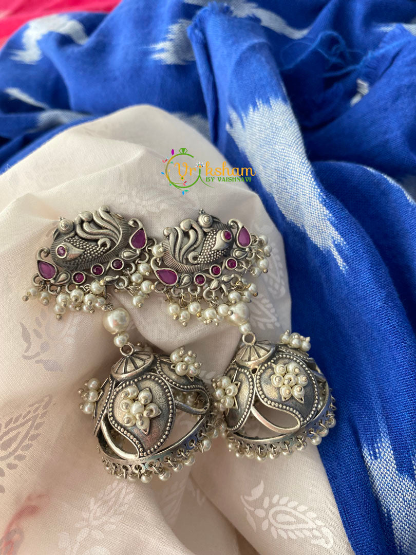German Silver Jhumkas -Red -G213