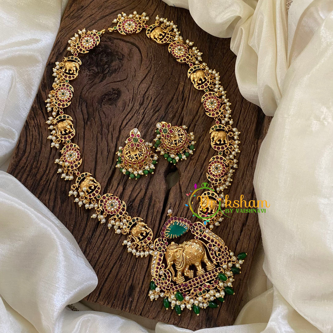 Elephant Pendant Antique AD Stone Long Neckpiece-Green Bead with Pearl-G10496