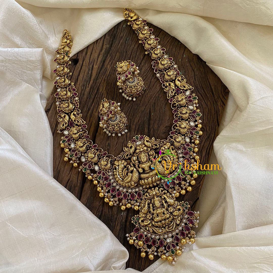 Gold Look Alike Antique Temple Haram -Lakshmi Haram-Red Green-Gold Bead-G10476
