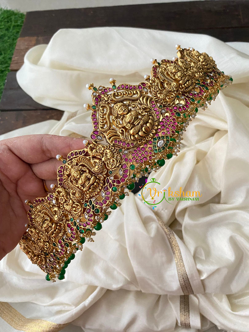 Premium AD Stone Lakshmi Temple Hipbelt-Green Bead–G4422